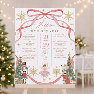 May include: A personalised first-year milestone poster with a pink ribbon design. The poster includes the name "Maddison", along with details about the child's height (73.66 cm), weight, and favourite things. The poster is decorated with snowflakes and Christmas trees.