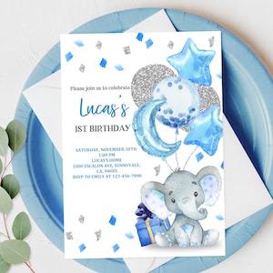 Elephant Birthday Invitation Sky-blue balloon Silver Confetti Cute Boy 1st Birthday Party Safari Jungle Editable Printable Download Bir38