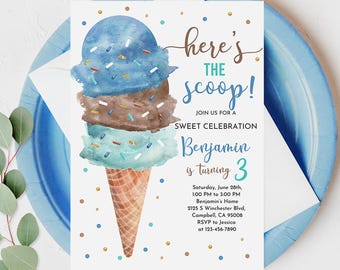 Könnte beinhalten: Eine weiße Einladungskarte mit einer Aquarellillustration einer Eistüte mit drei Kugeln in Blau, Braun und Mintgrün mit Streuseln. Der Text lautet: here's THE scoop! JOIN US FOR A SWEET CELEBRATION Benjamin is turning 3, sowie die Veranstaltungsdetails.