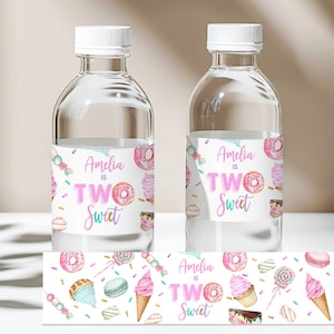 Zwei süße Geburtstagswasserflaschenetikett Mädchen 2. Geburtstag Candy Cupcake Donut Pastell Süßwasserwrapper Bearbeitbare Druckbare Download Bir338