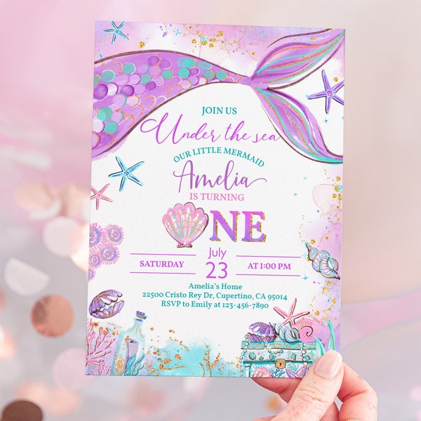 Mermaid Birthday Invitation Template Editable Sea Invite Girl Mermaid 1st Birthday Party Purple Teal Gold Printable Digital Bir321