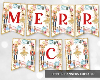 Nutcracker Banner Nutcracker Christmas Decorations Sugar Plum Fairy Pink Red Gold Merry Christmas Download Editable Printable Chr16