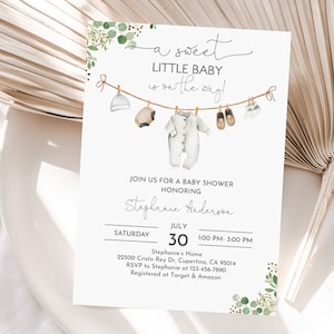 Gender neutral Baby Shower Invitation Baby Clothes Invite A sweet little baby is on the way Laundry Brown Greenery Editable Printable Bab235