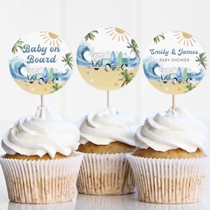 Bearbeitbare Baby an Bord Surfing Strand Baby Shower Geburtstag Cupcake Topper Kuchen Topper Surf Strand Sommer Pool Party Dekor Printable Bab187