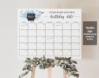 May include: A printable 16x20 inch sign with a calendar for guests to guess a baby's birthday. The calendar is decorated with a black cauldron, bats, and stars. The text on the sign reads "Guess Baby Oliver's birthday date".