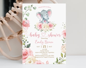 Elephant Baby shower Invitation Girl Elephant Party Invite Baby Pink Floral Safari Invite Girl Digital Editable Printable Download Bab66