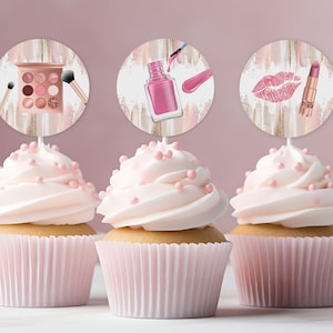 Spa Birthday Cupcake Toppers - Makeup Party Stickers Pink Gold Bir309