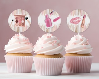 Adornos para cupcakes de cumpleaños con temática de spa - Pegatinas para fiestas de maquillaje en rosa y dorado Bir309