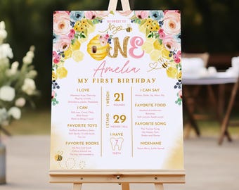 Biene Meilensteintafel zum 1. Geburtstag - Blumenmädchen bearbeitbares Zeichen Bir304