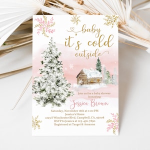 Winter baby shower Invitation Baby it&#39;s cold outside Invite Pink Gold Snowflake Girl Christmas Tree Boho Editable Printable Digital Bab126