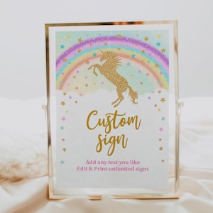 Unicorn Custom sign Rainbow Unicorn Birthday Baby shower Custom sign Table Decor Rainbow Gold Glitter Editable Printable Download Bab2 Bir54