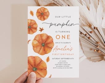 Invito per il primo compleanno: invito autunnale a tema zucca, modificabile - Download digitale
