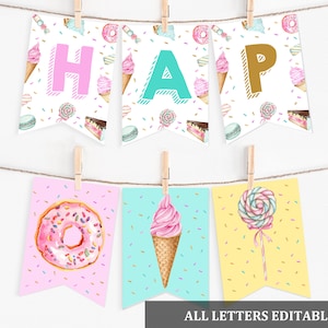 Süße Geburtstagsparty Banner Happy Birthday Geburtstagsparty Dekoration Donut Eis Süßigkeiten Cupcake Editable Printable Bir340 Bir360 Bir338