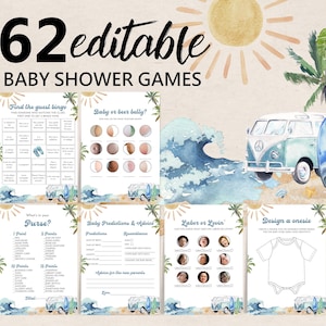 Surf Themed Baby Shower Games Package Baby on Board Editable Games Printable Baby Shower Activity Set Beach Baby Shower Game Bundle Bab354