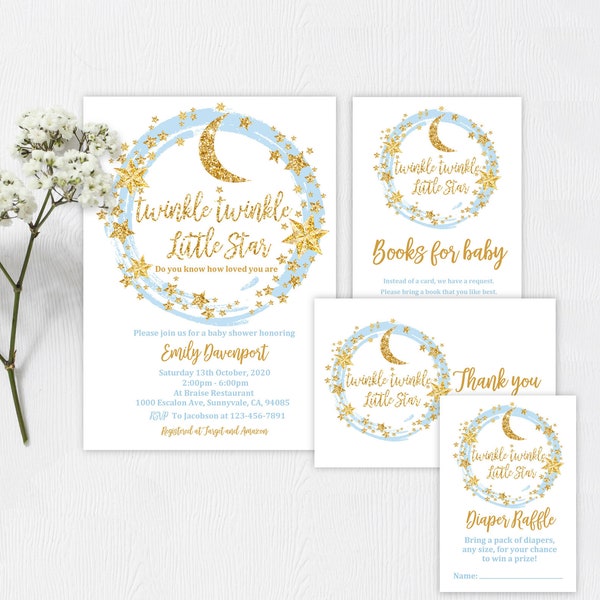 Twinkle Twinkle Little Star Baby Shower Invitation Suite  Blue and Gold  Download  EDITABLE  Baby shower set  Bab15