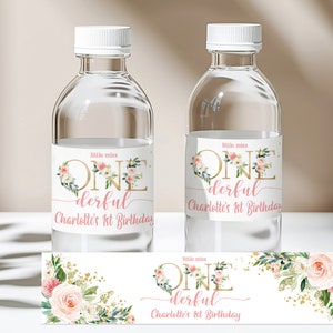 Blush rosa Wasserflasche Etikett kleine Fräulein Onederful Party 1. Geburtstag Wrapper Blumen Mädchen Geburtstag Dekor Printable Bearbeitbare Download Bir303