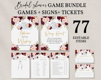 Tea Party Bridal Shower Games: Editable Rustic Burgundy Bundle Bri20