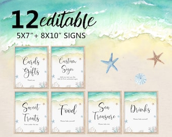Boho Beach Party Sign Set, Seashells, Editable (Digital Download Bir362)