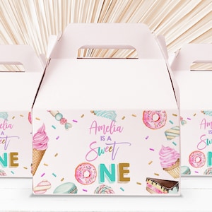 Süßes Partygiebel Box-Etikett Süßes Mädchen 1st Geburtstag Eis Donut Candy Gable Box Gunst Etikett Bearbeitbar Druckbar Download Bir360