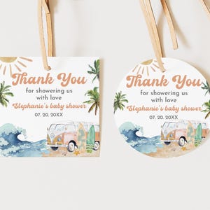 Ocean & Surf Danke Geschenkanhänger Vorlage bearbeitbarer Strand Babypartybevorzugungen druckbares Etikett Surf Thema Dusche Geschenkanhänger Strandparty Bab356