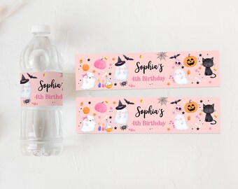 Pink Ghost Halloween Water Bottle Labels: Editable Party Stickers Hab2