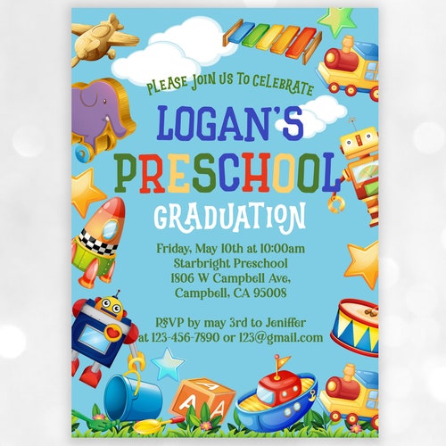 Preschool Graduation Invitation, Robot and Rocket Design (Editable Printable) Kgi1