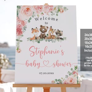 Baby shower nel bosco Cartello di benvenuto Animali del bosco poster di benvenuto Ragazza Rosa cipria floreale Animali della foresta Botanico Modificabile Stampabile Bab210