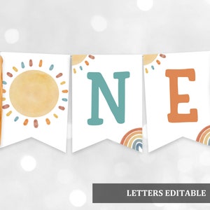 Boho Sunshine Banner Regenbogen Sun Girl 1. Geburtstagsbanner Erste Reise um die Sonne ONE Party Decor Bearbeitbare Druckbare Download Bir298