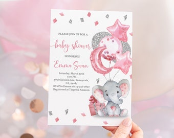 Elephant baby shower invitation Pink balloon Invite Girl Baby shower Jungle Pink silver Sprinkle Digital Editable Printable Download Bab69