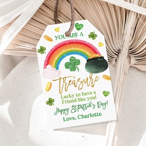 St. Patrick Day Gift Tag Treat Label Treasure Tag Kids Friend Classroom School Boy Girl Rainbow Tag Printable Editable Download Spt6