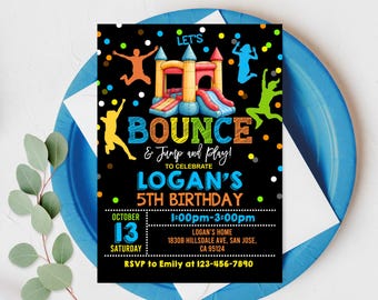May include: A black birthday party invitation with colorful text and graphics. The invitation reads "Let's Bounce & Jump and Play!" and includes details for Logan's 5th birthday, including the date, time, and location.