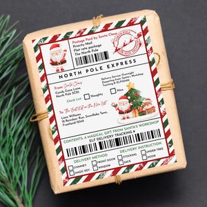 Etiquetas de envío de Papá Noel, plantilla editable, pegatinas de correo del Polo Norte, etiqueta de regalo, correo de trineo, taller de Papá Noel, etiqueta de regalo de Papá Noel imprimible, Chl7
