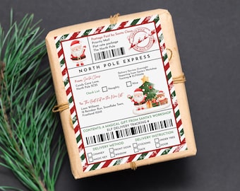 Może przedstawiać: Biało-czerwona etykieta w paski z ilustracją Świętego Mikołaja i tekstem "North Pole Express". Etykieta zawiera listę kontrolną z opcjami "Naughty" i "Nice" oraz sekcję z metodami dostawy z opcjami takimi jak "Chimney", "Front Door" i "Magic Key".