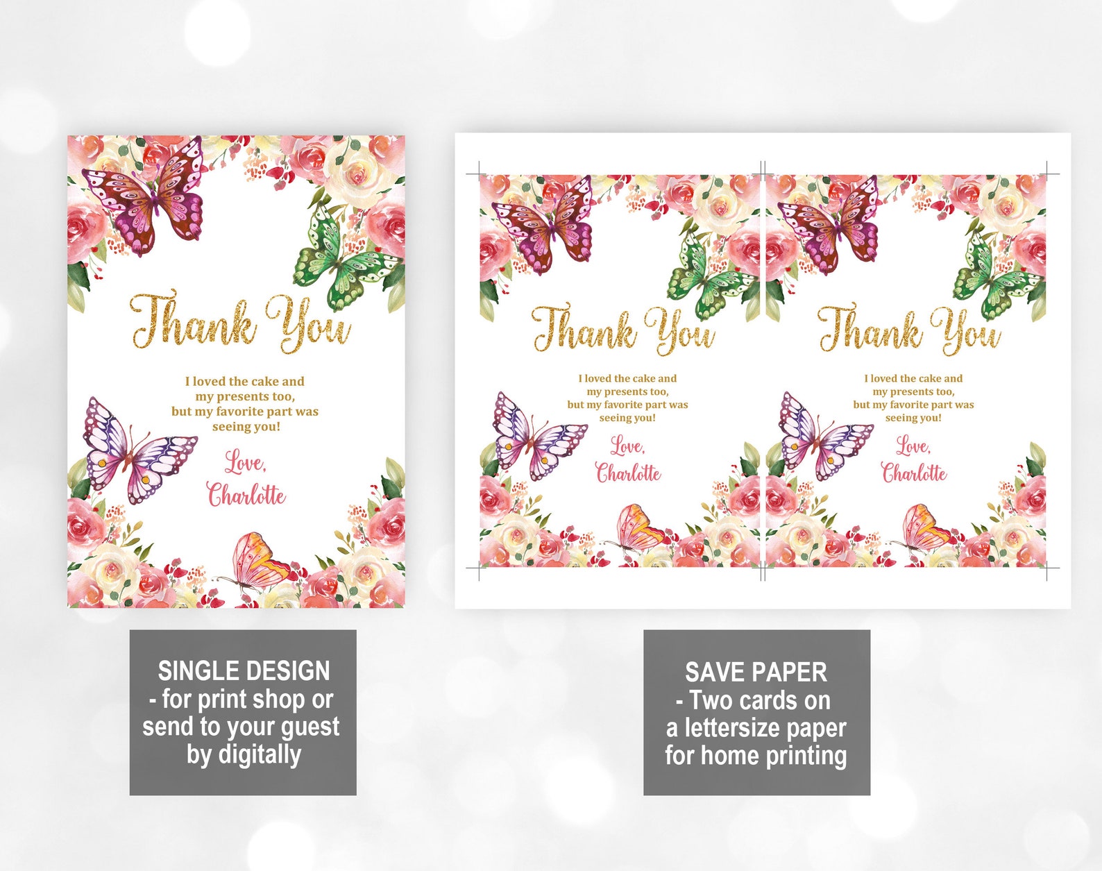 Floral Butterfly Thank You Card/ 5x7in 4x6in Included/ Etsy