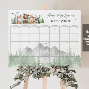 Let the Adventure Begin baby shower due date calendar Woodland animals Pine Tree Mountain Baby Prediction Editable Printable Download Bab194