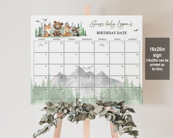 May include: A printable 16x20 inch sign with a woodland theme. The sign features a calendar with the months of June and July, with the text "Guess baby Logan's Birthday Date". The calendar is surrounded by a watercolor illustration of a forest with mountains in the background.