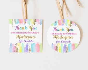 Editable Art Party Thank You Tags - Printable Pastel Rainbow Favor Bir254