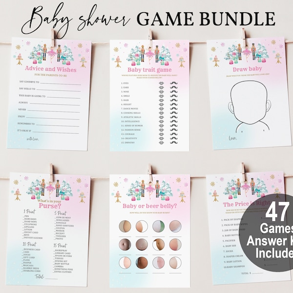 Nutcracker baby shower game set Sugar Plum Fairy game pack bundle Winter baby shower Christmas party Girl Holiday Editable Printable Chbab3