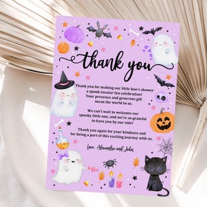 ハロウィン ベビーシャワー サンキューカード リトルブー ゴースト スプリンクル ベビーシャワー パープル 女の子 キュート スプーキータキュラー デジタル 編集可能 印刷可能 Haba7