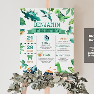 Dinosaur Birthday Milestone Sign 1st Poster Boy Cute Dino Green T-Rex Editable Sign First Birthday Decoration Printable Download Bir227