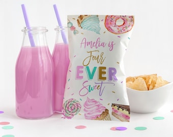Sachet de chips d'anniversaire : motif de beignets sucrés - Modèle imprimable modifiable Bir339
