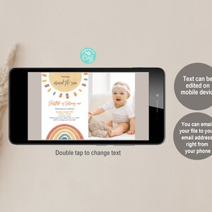 May include: A digital invitation for a child's birthday party with a colorful rainbow and sun design. The text reads "First trip around the sun" and "[Child's name] is turning one".