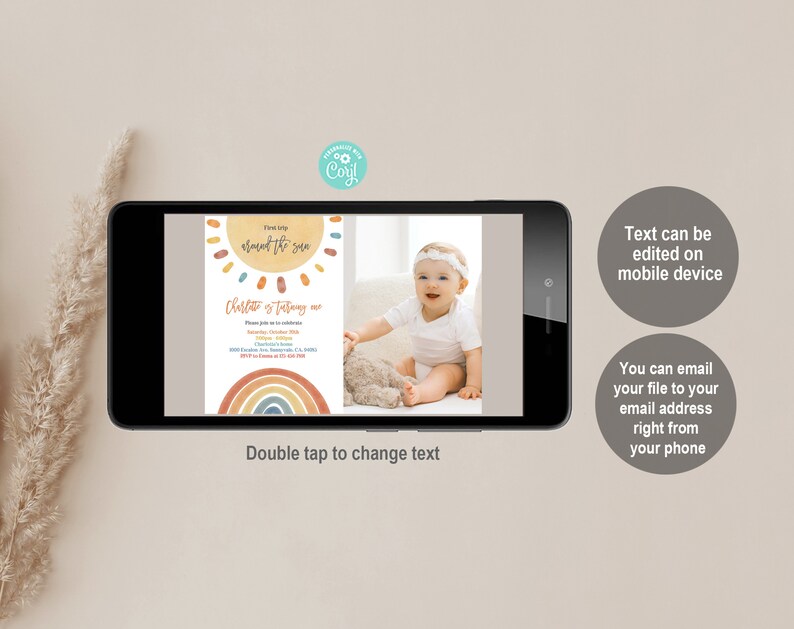 May include: A digital invitation for a child's birthday party with a colorful rainbow and sun design. The text reads "First trip around the sun" and "[Child's name] is turning one".