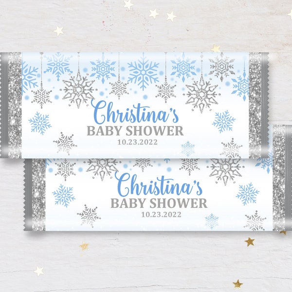 Winter snowflake chocolate wrapper Candy bar label Blue Sticker Baby shower favor Thank You Wrapper Boy Download Editable Printable Bab17