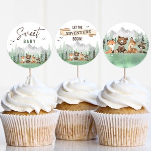 Let the Adventure Begin baby shower cupcake topper woodland animals Tags Forest fine tree Mountain decor Editable Printable Download Bab194