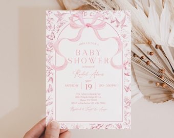 Baby Shower Invitation: Dusty Pink Floral Toile - Editable Canva Template Bab385
