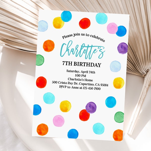 Rainbow Polka Dot Birthday Invitation Watercolor Spots Birthday Invite Gender Neutral 1st Pastel Digital Editable Printable Download Bir55