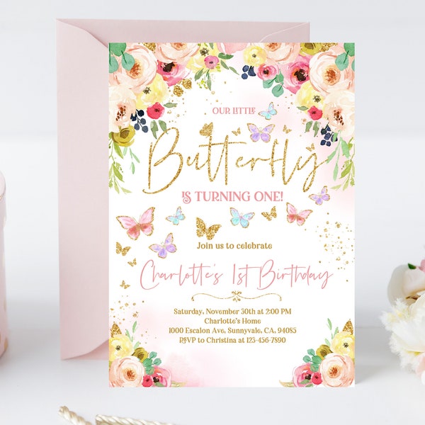 Butterfly Birthday Invitation Butterfly Invite Whimsical Floral Butterfly Pink gold glitter Garden Girl 1st Digital Download Editable Bir277
