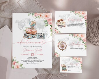 May include: A baby shower invitation with a travel theme. The invitation features a world map, suitcases, a camera, and a globe. The text on the invitation reads "adventure awaits" and includes the date and time of the shower. The invitation also includes a request for guests to bring a book for the baby.