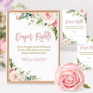 Blush Pink Floral Baby Shower Diaper Raffle Sign Tickets Diaper Raffle Set Boho Girl Shower game Activity Editable Printable Download Bab158 image 1